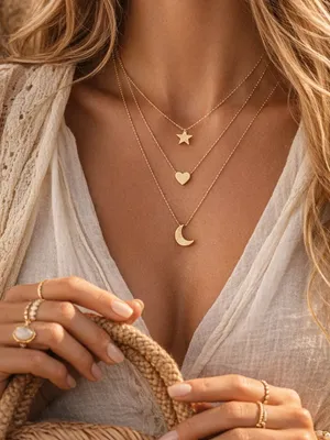 Gold 3 Layer Star Moon Heart Necklace Boho Minimalist thumbnail 1