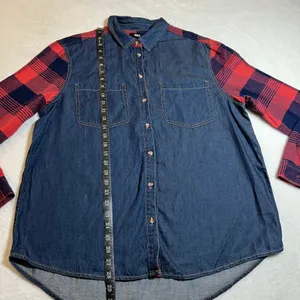 BDG Women's Mixed Media Plaid Flannel Denim Button Up Shirt Size Large Casual thumbnail 7