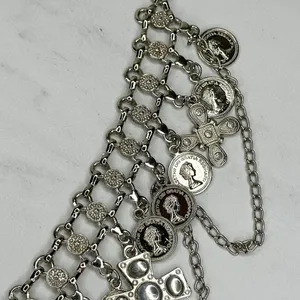 Rhinestone Cross and Coin Charm Silver Tone Metal Chain Link Belt OS One Size thumbnail 8