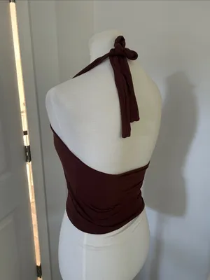 😍 Cutest Simple Brown Racerback Tied Halter Crop Tank thumbnail 3