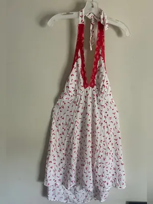 Women’s Red Chili Pepper Halter Mini Dress – Lace Trim Size Small thumbnail 2
