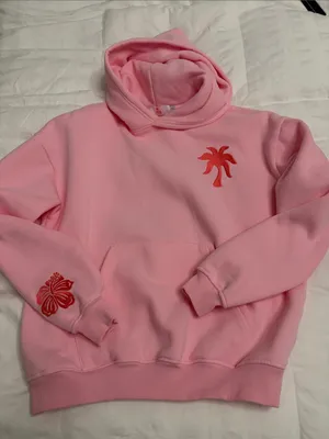 Pink Hooded Pullover Sweatshirt with Red Palm Embroidery thumbnail 1
