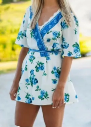 Altar'd State Blue & White Floral Wrap Flutter Sleeve Romper Medium thumbnail 1