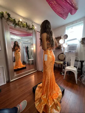 Ellie Wilde Bright Orange Sequin Prom Dress thumbnail 5