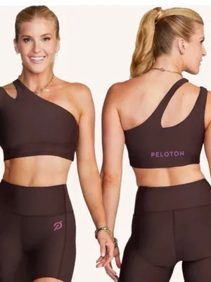 PELOTON Women's Chocolate Brown Asymmetric Cropped Sports Bra with Purple Logo thumbnail 2