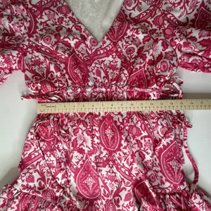 Entro Pink Damask Print V-Neck Smocked Mini Dress Small Vibrant Festival Girly thumbnail 13