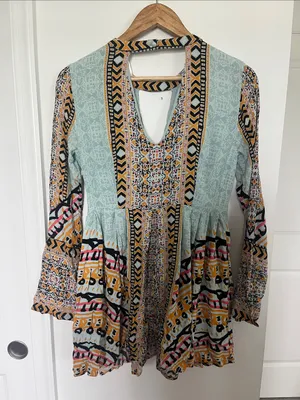 Free People Tegan Border Printed Mini Dress (Sz 8) Multi Color thumbnail 7