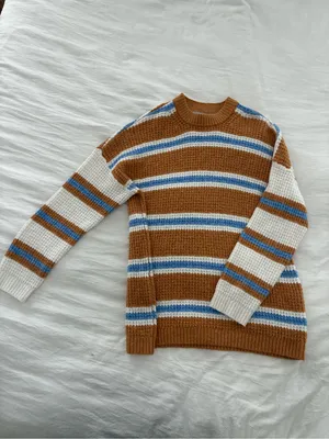 American Eagle Outfitters Brown, White & Blue Striped Waffle Crewneck Sweater thumbnail 3