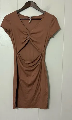 See You Monday Brown Cutout Mini Dress Womens L Ruched Bodycon Ribbed thumbnail 1