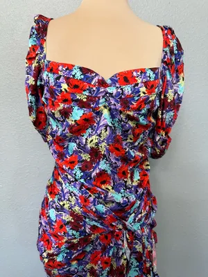For Love & Lemons Chiara Purple Floral Ruched Puff Sleeve Mini Dress Size Medium thumbnail 4