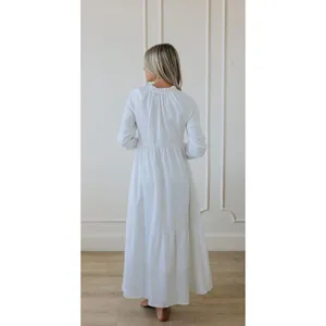Fehrnvi Apparel White‎ Floral Jacquard Tiered Maxi Dress Long Sleeve Tie Neck M thumbnail 2