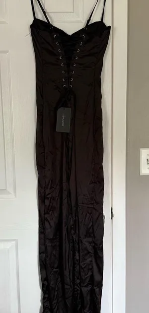 Outcast Lace Corset Tie Black Gothic Maxi Dress thumbnail 1