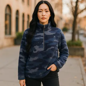 Como Womens Juniors Pullover‎ Sz Small Blue Fleece Sherpa Teddy Camo Quarter Zip thumbnail 2