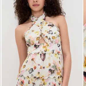 Amanda Uprichard Estella Floral Maxi Dress Halter Cream White‎ Pink Backless M thumbnail 4