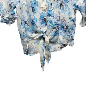 Umgee Women Top‎ S Blue Cottage Floral Chiffon Tie Front Ruffle Flutter Sleeve thumbnail 3