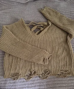 Pink Rose Olive V-Neck Knit Sweater with Strappy Back thumbnail 1