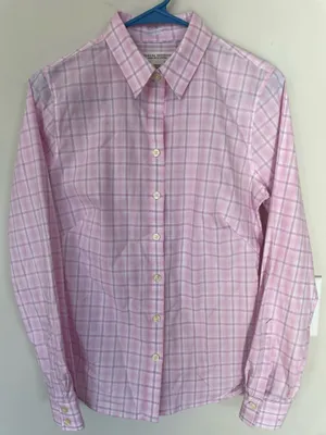Banana Republic Women Pink Pane Checkered Work Button Up Shirt Blouse Size 8P thumbnail 1