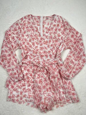 Relipop Pink Floral Deep V-Neck Long Sleeve Ruffle Romper Size XL thumbnail 1