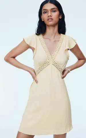 H&M Lace-Trim V-Neck Mini Dress in Light Yellow Sz L thumbnail 1