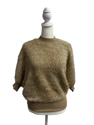 Maeve Violette Short-Sleeve Tinsel Pullover Sweater Metallic Gold Honey Small thumbnail 5