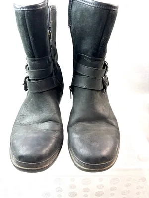 UGG 8 Moto Biker Black Genuine Leather Mid-Calf Combat Boots with Buckle Straps thumbnail 3