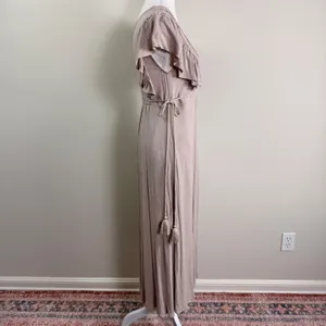 Baltic Born Jennifer Deep V Maxi Dress Small Taupe Crochet Flutter Sleeve Boho L thumbnail 3