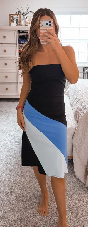 EXPRESS Blue strapless patterned midi dress thumbnail 1