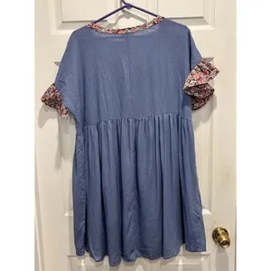 NWT Umgee USA Blue Floral Trim V Neck Button Front Babydoll Dress Size L Boho‎ thumbnail 9