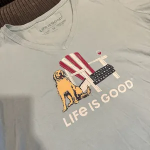Life Is Good Crusher Tee Women Blue Medium V Neck Golden Retriever USA Wine thumbnail 4