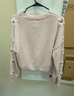 LOLA Pink Daisy Embroidered Knit Sweater Size L thumbnail 1