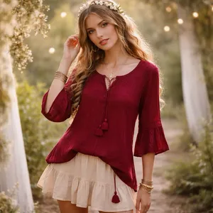 Lucky Brand Boho Ren Faire Cotton Top With Embroidery and Tasseled Drawstrings thumbnail 10