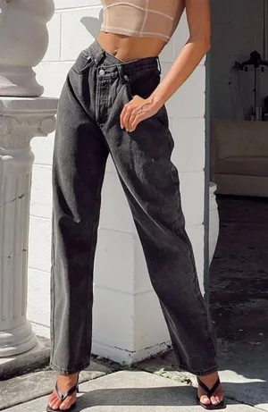 Princess Polly Asymmetric Straight Leg Jeans Black thumbnail 1