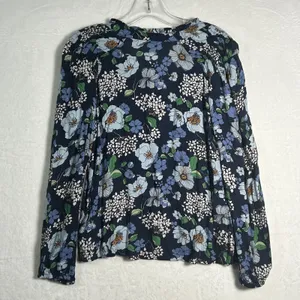 Lucky Brand Navy Floral Print Tassel V Neck Long Sleeve Blouse Women's‎ Small thumbnail 2