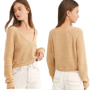 Free People V-Neck High Low Slouchy‎ Cropped Textured Knit Sweater Camel Size XS thumbnail 4