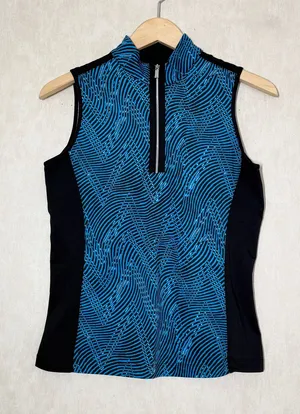 Tail Women’s Sleeveless Mock Neck 1/4 Zip Shirt Top Golf in Zig Zag Print Blue S thumbnail 1