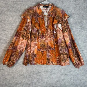Desigual Womens-XL Paisley Ruffle Tie Neck Long Sleeve Blouse Orange Brown Boho thumbnail 2