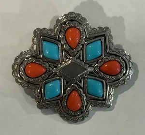Vintage Silver Brooch with Turquoise and Coral Accents thumbnail 1