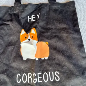 Black Corgi ‘Hey Corgeous’ Fabric Tote Bag 39cm x 38cm EUC thumbnail 2