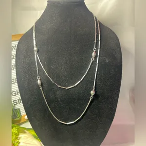 Vintage Silver Tone Long Chain Necklace 54” – Bar Link w/ Textured Beads thumbnail 1