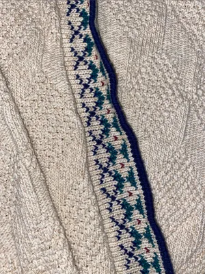 Puritan Cotton Cream Cable Cardigan with Blue Trim and Teal Accents Oversized thumbnail 5