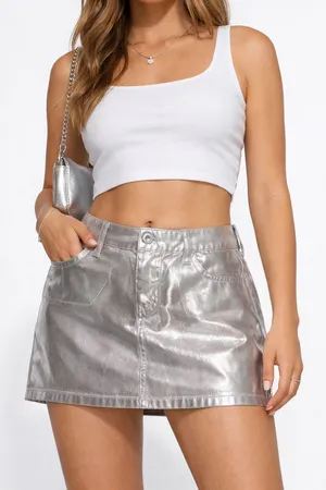 Gianni Bini NWT Sz S Mini Skirt Distressed Metallic Silver Pink Cotton Denim Shiny Pockets thumbnail 10