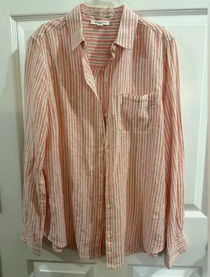 beachlunchlounge Pink and White Striped Button-Down Shirt Linen Blend thumbnail 1