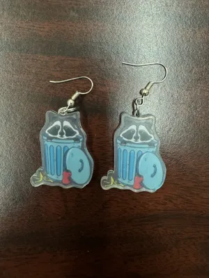 Trash Panda Raccoon in Trashcan Acrylic Dangle Earrings thumbnail 1