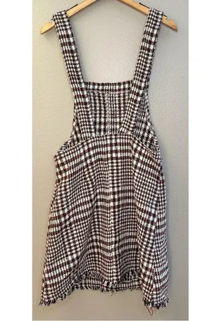 NWT Tea N Rose Brown and White Overall Houndstooth Pinafore Dress Raw Hem thumbnail 4