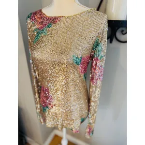 Free People Gold Rush Floral Sequin Top, Champagne/Pink,‎ Medium, NWOT thumbnail 6