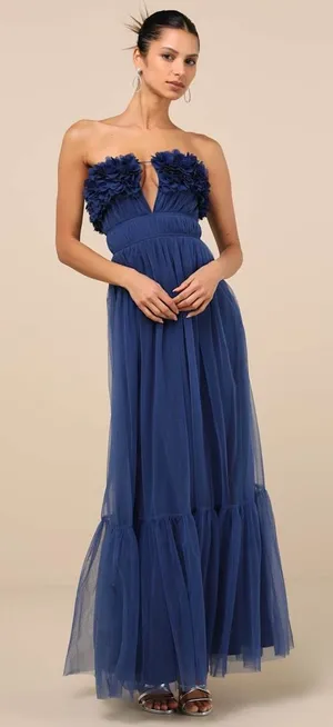 NWT Lulus Chic Spectacle Navy 3D Applique Strapless Maxi Dress Strapless Size S thumbnail 1
