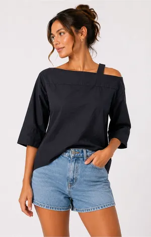 Sense Of Place By Urban Research Black‎ Asymmetrical Boat Neck Top Minimalist thumbnail 1