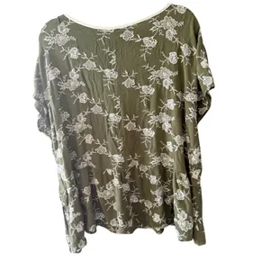 Olive Green Floral Embroidered Peplum Babydoll Top‎ Short Sleeve Boho Peasant thumbnail 4