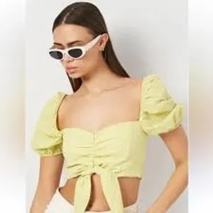 Zara Women Crop Top XS Yellow Gingham Puff Sleeve Front Tie Smocked Back thumbnail 3