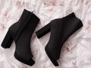 Black Ribbed Sock Ankle Booties with Block Heel thumbnail 1